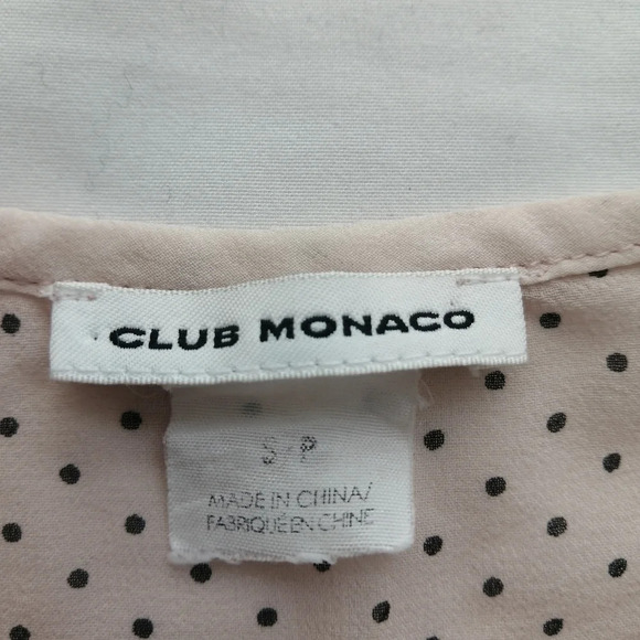 Club Monaco 100% Silk Semi Sheer Pink Black Polka Dot Button Up Blouse Small - Picture 10 of 14